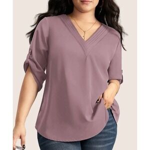 Bloomchic Womens 18-20 Top Mauve V-Neck Pin Tuck Tab Sleeve Career Party Resort